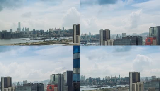 时间流逝俯瞰香港现代摩天大楼的天空白云。港口高清在线视频素材下载
