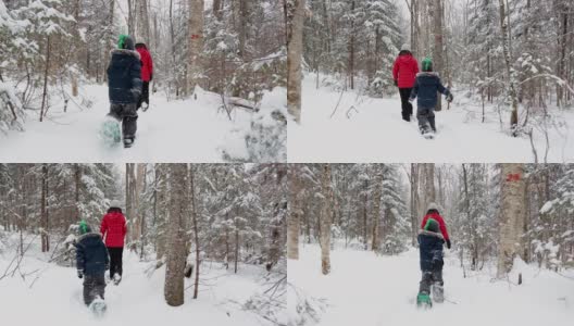 在暴风雪后的冬天，母亲和儿子在户外穿雪鞋高清在线视频素材下载