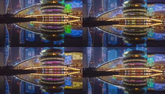 夜景照明杭州市中心著名的中央喷泉剧院反射延时全景4k中国高清在线视频素材下载
