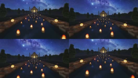 泰姬陵前的蜡烛在星空下漂浮高清在线视频素材下载