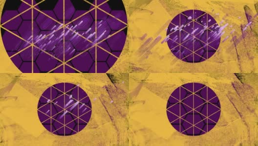 动画紫色烟花在圆形剪在肮脏的黄色纸，紫色六角形高清在线视频素材下载
