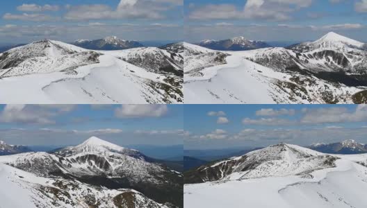 冬季景色神秘，冬季群山雄伟。神奇的冬天白雪覆盖了山顶。山里冬天的路。期待假期的到来。戏剧性的一幕高清在线视频素材下载