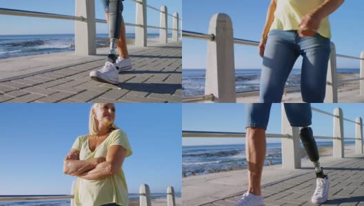在4k海滩附近行走的残疾妇女高清在线视频素材下载