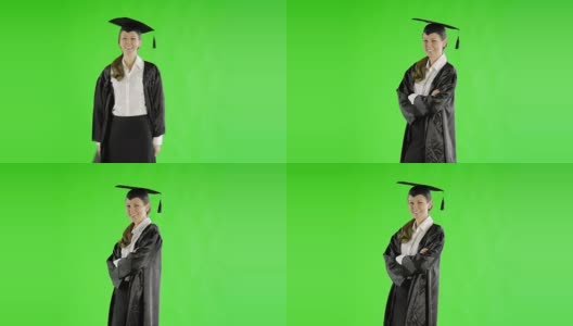 白人女子绿屏剪出毕业长袍大学学院高清在线视频素材下载