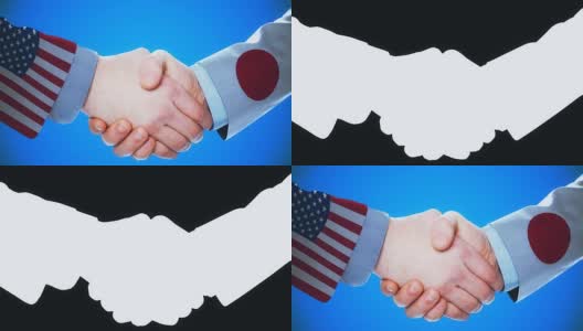 美国-日本/握手概念动画国家和政治/与哑光频道高清在线视频素材下载