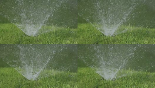 阳光明媚的日子里，草坪自动浇水系统洒水喷头的一个喷头的一个喷头的特写，慢动作高清在线视频素材下载