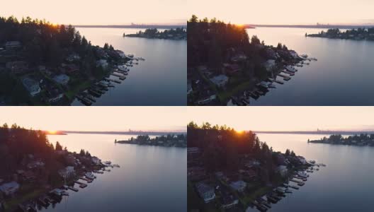 西北贝尔维尤西雅图全景日落湖华盛顿空中直升机视图高清在线视频素材下载