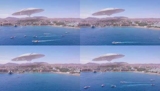 外星人飞碟飞碟在大型度假城市沙漠附近的海，航拍高清在线视频素材下载