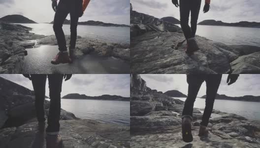 挪威海边的Man mountain徒步旅行高清在线视频素材下载