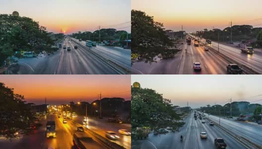 从白天到夜晚的时间流逝:通往首都的高速公路上的交通高清在线视频素材下载