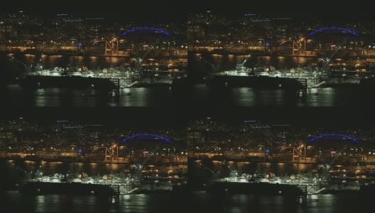 西雅图港船舶修理起重机市中心天际线城市景观夜晚背景高清在线视频素材下载