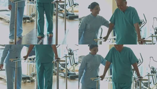 倾斜的视频，物理治疗师帮助老年人使用步行酒吧在康复中心高清在线视频素材下载