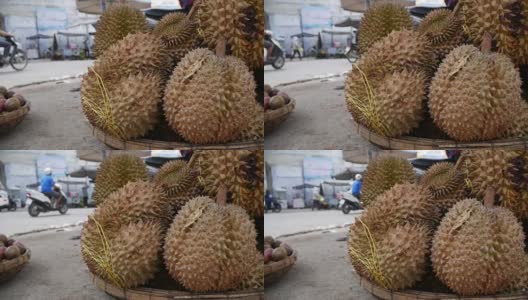 市场上的榴莲。泰国的水果之王。榴莲是亚洲热带水果。美味的成熟异国水果。特写镜头高清在线视频素材下载