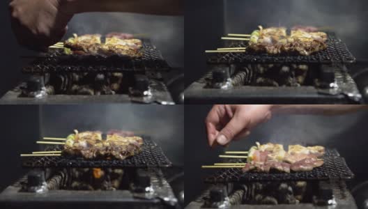 串烤。烧鸡是居酒屋餐厅的一种日本料理。高清在线视频素材下载