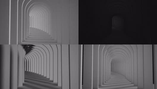 无尽的黑白隧道，两边都是拱门高清在线视频素材下载