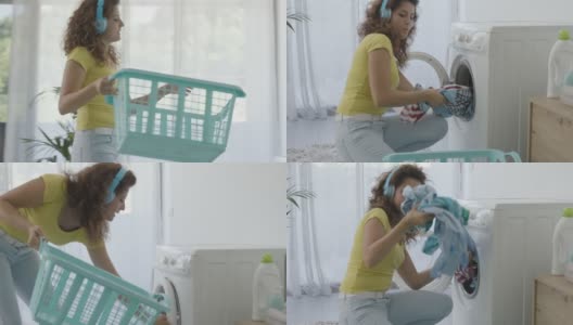 快乐的年轻女人在家里洗衣服高清在线视频素材下载
