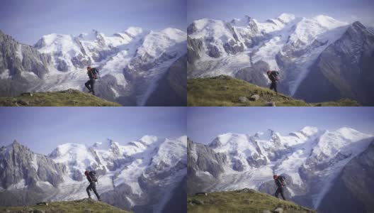 Hiker walking along a path near Mont Blanc高清在线视频素材下载