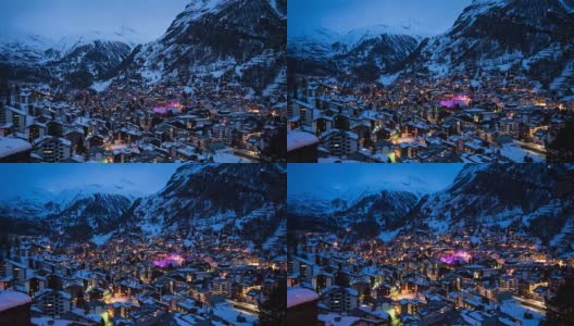 4k时间推移:鸟瞰图泽马特村和马特洪峰，瑞士高清在线视频素材下载