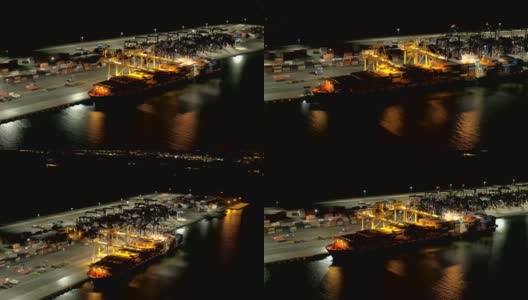 空中靠近:集装箱运输中心，在港口用货船装载货物高清在线视频素材下载