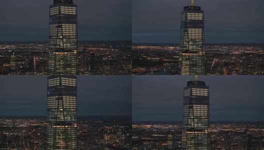 空中特写:世界贸易中心一号楼的办公室夜景高清在线视频素材下载
