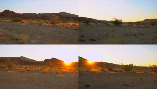 夕阳西下，驱车行驶在沙漠路上的美丽画面高清在线视频素材下载