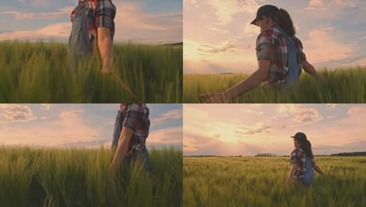 年轻的农家少女走着，抚摸着农村青葱的麦田，慢镜头高清在线视频素材下载