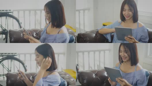 年轻的亚洲美女在家里使用数码平板电脑高清在线视频素材下载