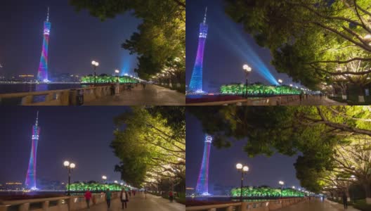 广州城市夜景时间中心滨江公园塔楼，步行时间推移全景4k中国高清在线视频素材下载