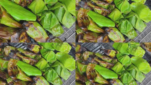 用香蕉叶木炭烤饭亚洲绿色有机环保食品容器高清在线视频素材下载