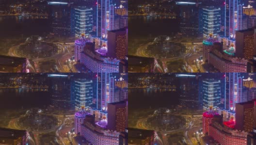 夜晚照亮澳门城市景观交通街道屋顶全景4k时间推移中国高清在线视频素材下载