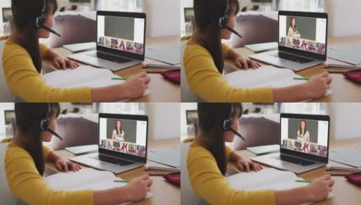 亚洲女孩在家里用笔记本电脑与老师和同学进行视频会议高清在线视频素材下载