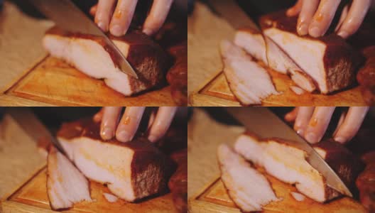 切烟熏猪肉的镜头高清在线视频素材下载