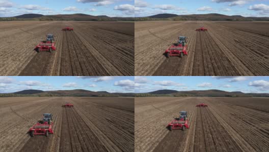 秋天收获新鲜土豆的拖拉机和农业机械鸟瞰图高清在线视频素材下载