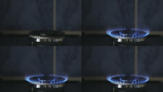 深色背景上有蓝色火焰的厨房煤气灶。高清在线视频素材下载