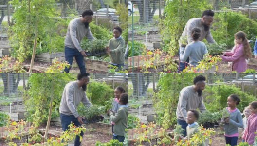 带着孩子的男人，在社区的花园里植树高清在线视频素材下载