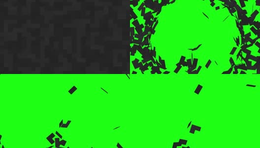 黑色马赛克背景分解成小块，显示绿色屏幕。3D动画，色度键。高清在线视频素材下载
