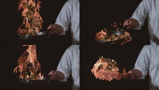 厨师用火焰炒的慢镜头高清在线视频素材下载