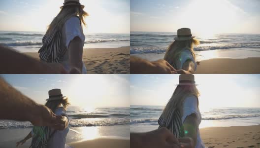 美丽的女孩在衬衫与背包牵着男性的手，在空旷的海滩上奔跑。跟着我拍的快乐女人戴着帽子拉着男友去海边。暑假的概念。慢镜头观点高清在线视频素材下载