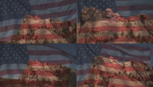 透明的美国国旗飘扬在拉什莫尔山上高清在线视频素材下载
