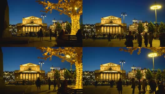 莫斯科,俄罗斯。夜晚穿过Teatralnaya广场，可以看到莫斯科大剧院高清在线视频素材下载
