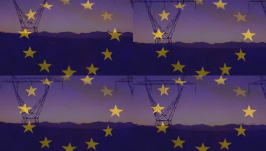 日落时，欧盟旗帜悬挂在场地上的电塔上的动画高清在线视频素材下载