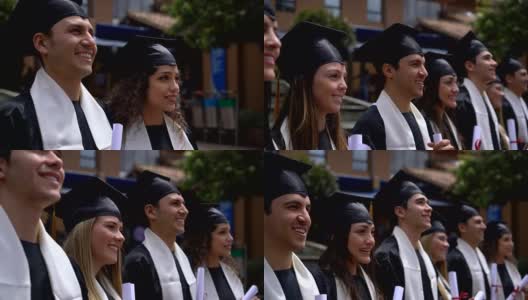 一群兴高采烈的拉丁美洲学生在毕业典礼上拿着他们的学位高清在线视频素材下载