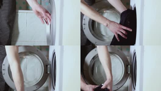 男人的手把要洗的衣服放进洗衣机。高清在线视频素材下载