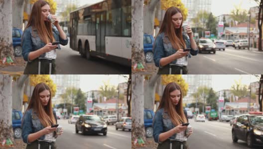 侧面的美丽的年轻女子拿着智能手机和使用出租车服务的应用程序高清在线视频素材下载