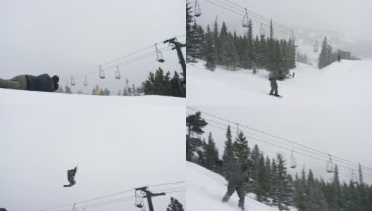 在科罗拉多州博尔德附近的埃尔多拉滑雪度假村，一名摄影师躺下并拍下了一名滑雪板在完整的冬季装备完成一个“后空翻Tucknee”跳跃技巧与森林和滑雪缆车为背景的慢动作镜头，高清在线视频素材下载