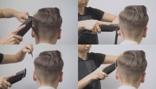 女孩美发师用剪子在男孩的鬓角和后脑勺上剪头发。高清在线视频素材下载