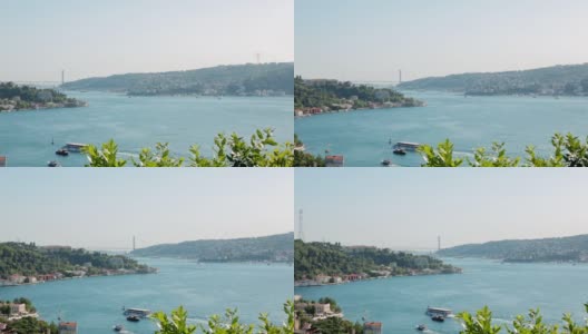 博斯普鲁斯与马尔马拉海的全景，伊斯坦布尔城市的标志性桥梁，在开放的天空下连接亚欧大陆高清在线视频素材下载