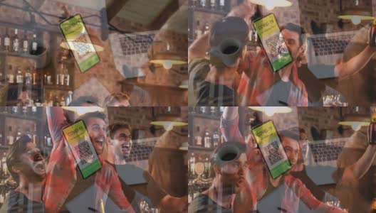 一名女性拿着装有防疫疫苗护照的智能手机，在酒吧里与人对峙高清在线视频素材下载
