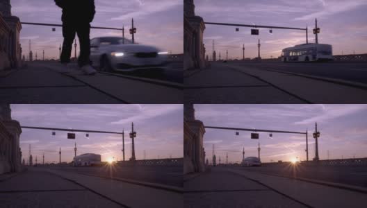 日出高清，轮廓分明的男人走过汽车驶过大桥高清在线视频素材下载
