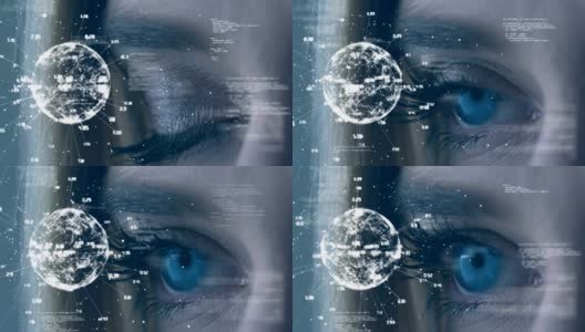 一个蓝色眼睛的特写看着一个数字旋转地球高清在线视频素材下载